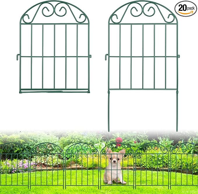 ADAVIN 20 Panels Collapsible Garden Fence Animal Barrier,20 Ft(L) x 24 in(H) Rustproof Metal Wire Panel Border for Dogs Rabbits, Arched Flower Edging for Landscape Patio Yard Outdoor Decor, Green