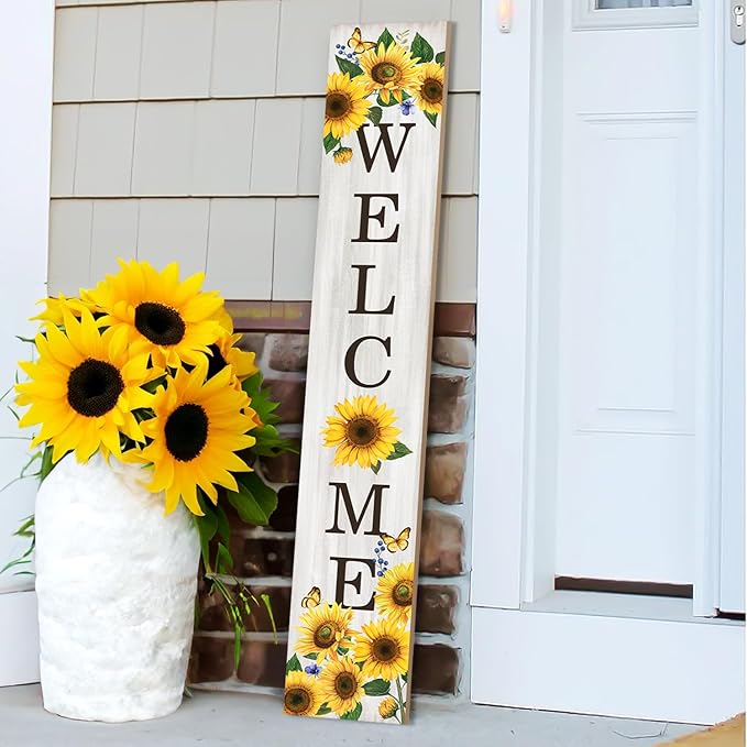 Sunflower Porch Sign Welcome Sign For Front Porch Summer Sunflowers Home Decor Sunshine Welcome Sign for Indoor Outdoor Garden Wooden Vertical Sign For Patio Front Door Porch Wall Yard