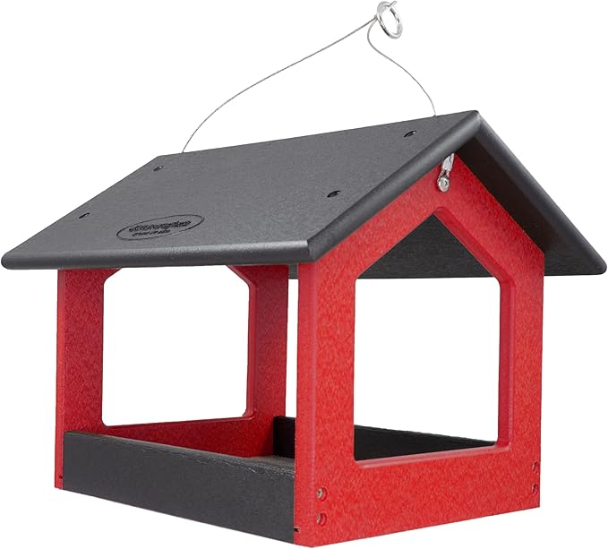 DutchCrafters Amish USA Made Recycled Plastic Large Hanging Modern Fly Through Covered Roof Open Platform Tray Bird Feeder for Outdoors, Garden, Yard (Black & Red)