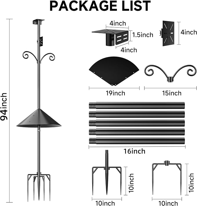 Smart Bird Feeder Pole Stand with Proof Squirrel Baffle 94" - Dia 1 Inch Bird House Pole Mount for Camera Birdfeeder, Double Hooks, Install 2 Bird Houses, Feeding Station Outdoors Heavy Duty