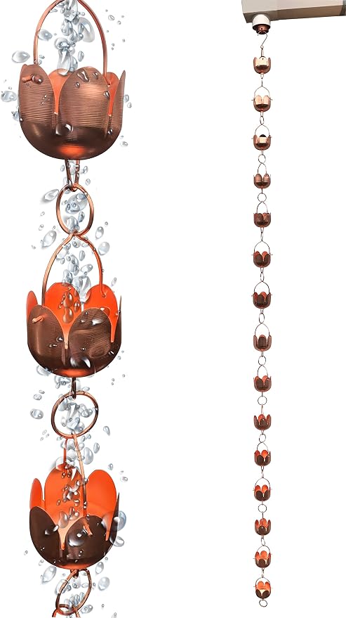 Pure Copper Garden rain Chain-Functional and Decor Replacement for Gutter Downspouts. Decor Rain Chime and Fountain. Lotus Design. One Free Adapter. 8.5 ft Length and 3 in Diameter,TF96325