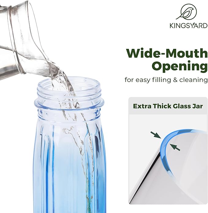 Kingsyard Glass Bird Water Dispenser for Outdoor, 16 Oz, Bird Water Feeder with Metal Hanging for Garden Yard Fence Decoration Hummingbird Cardinal Bluebird Finch, Blue
