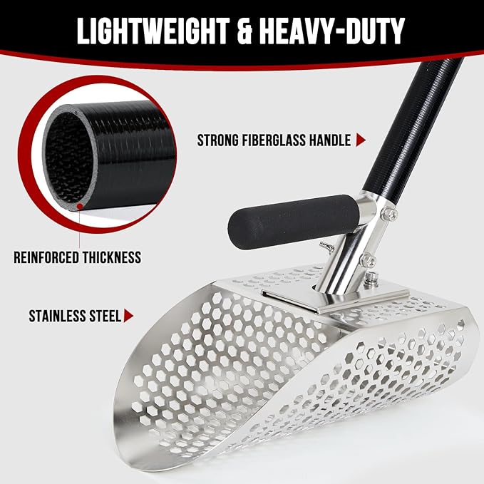 Sand Scoop for Metal Detecting, Stainless Steel Metal Detector Scoop, Metal Detecting Shovel with Long Fiberglass Handle, Metal Detector Accessories, Sand Sifter for The Beach, Sand Flea Rake