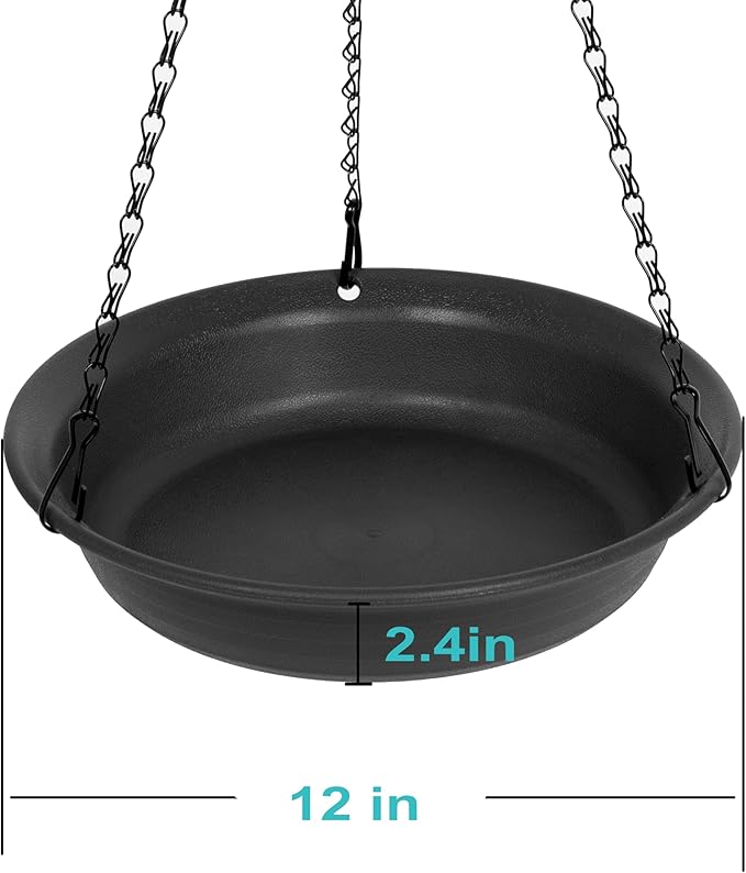 VUWEZ Hanging Bird Bath, Hanging Bird Water Feeder for Outdoors, Feeder Bowl, 1 Pack Birdbath Tray Accessories for Outside, Plastic Birdbaths Tray for Garden Patio Decoration (12", Dark Black)