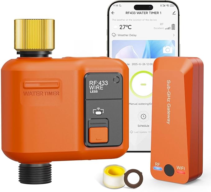 WiFi Water Timer for Garden Hose, Smart Sprinkler Timer with 984ft Long Range, Strong Wall Penetration, APP & Remote Control, Voice Control, Rain Delay, Manual Mode, Watering System for Yard & Lawn