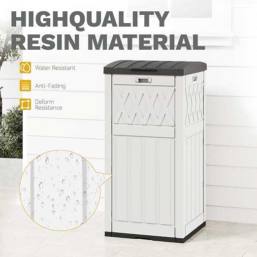 DWVO 38 Gallon Outdoor Trash Can, Resin Garbage Can with Tiered Lid and Drip Tray, Waterproof Trash Bin for Patio, Kitchen, Backyard(Grayish-White)