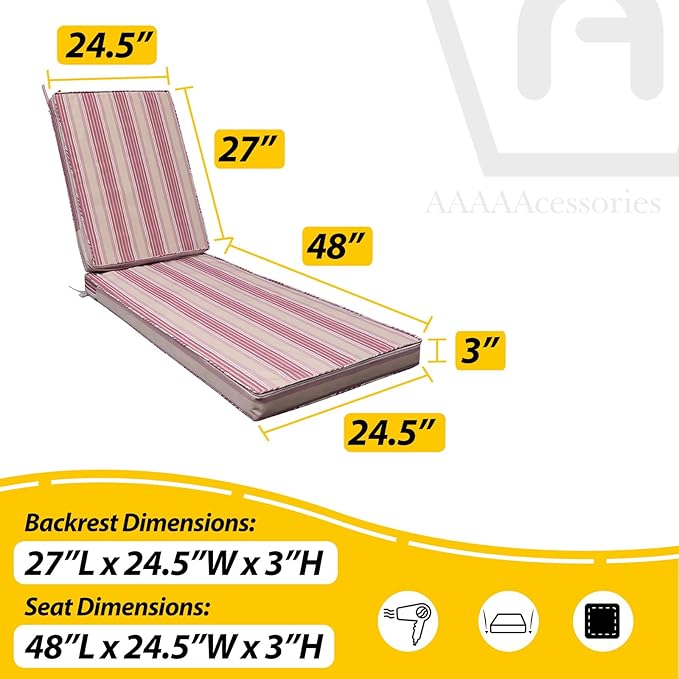 AAAAAcessories Outdoor Chaise Lounge Cushions, Fade-Resistant, Waterproof Patio Furniture Replacement Cushions, 75" x 24.5" x 3", Set of 2, Dusty Rose Garden Stripe