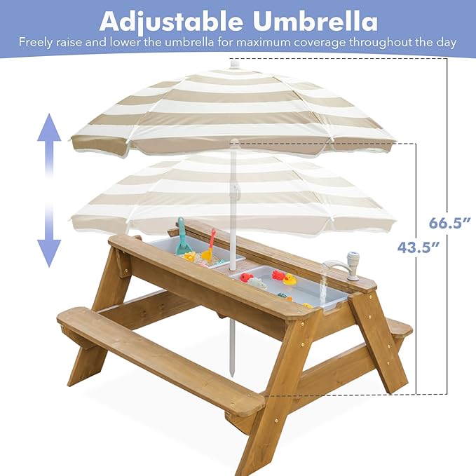 Kids 3-in-1 Sand & Water Table, Wood Outdoor Convertible Picnic Table w/Umbrella, 2 Trays, Removable Top with Faucet, Picnic Table for Outdoor Playset (Natural/Brown)