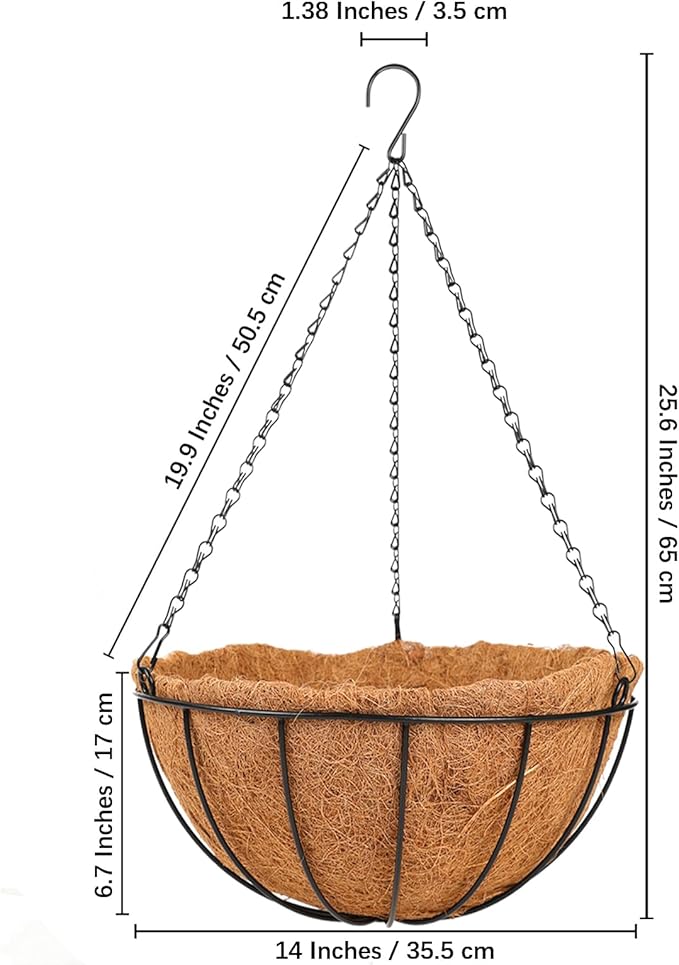 HKZ Hanging Basket Planter Plants Outdoor - 2 Pack 14 Inch Metal Hanging Planter with Coco Liners, Hanging Flower Pots with Chain Hook for Indoor Outdoor Garden Porch Decoration