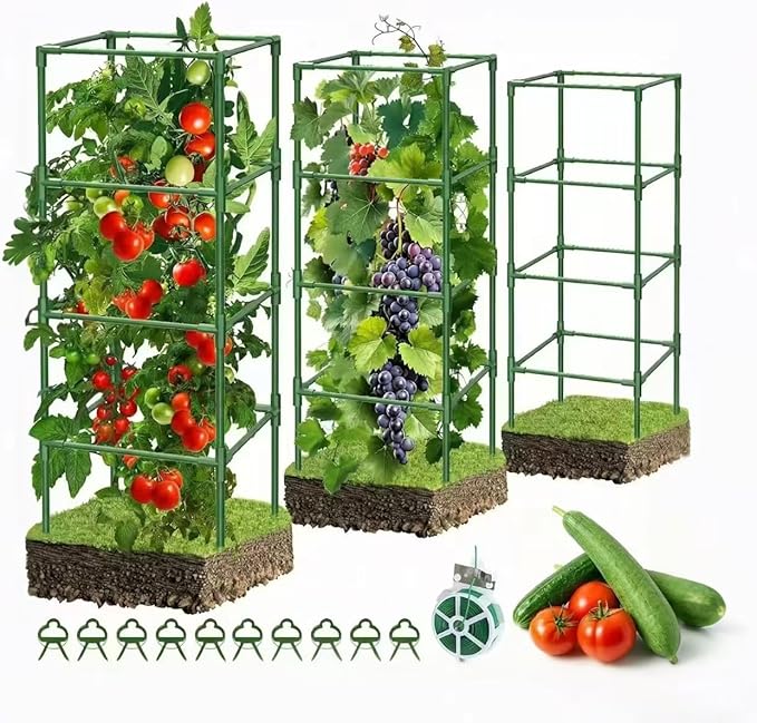 3 Pack Square Tomato Cages, 42 inch Heavy Duty Metal Steel Tomato Plant Cage Support with Clips, Height Adjustable Tomatoes Trellis for Raised Garden Bed Climbing Plants