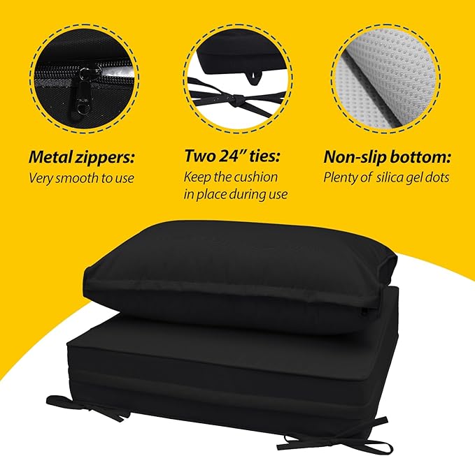 AAAAAcessories Outdoor Seat Cushions for Chairs, Fade-Resistant, Waterproof Patio Furniture Replacement Cushions, 23.5" x 25.5" x 5" + 23.5" x 13.5", Charcoal Black