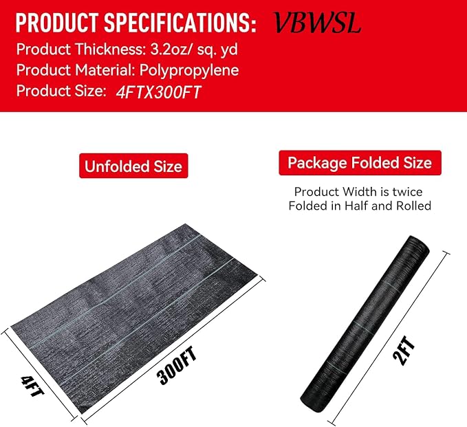 Weed Fabric Barrier Heavy Duty, 4FT x 300FT 3.2oz Garden Weed Blocker Fabric, Landscaping Fabric, Weed Control Fabric Ground Cover Gardening Mat