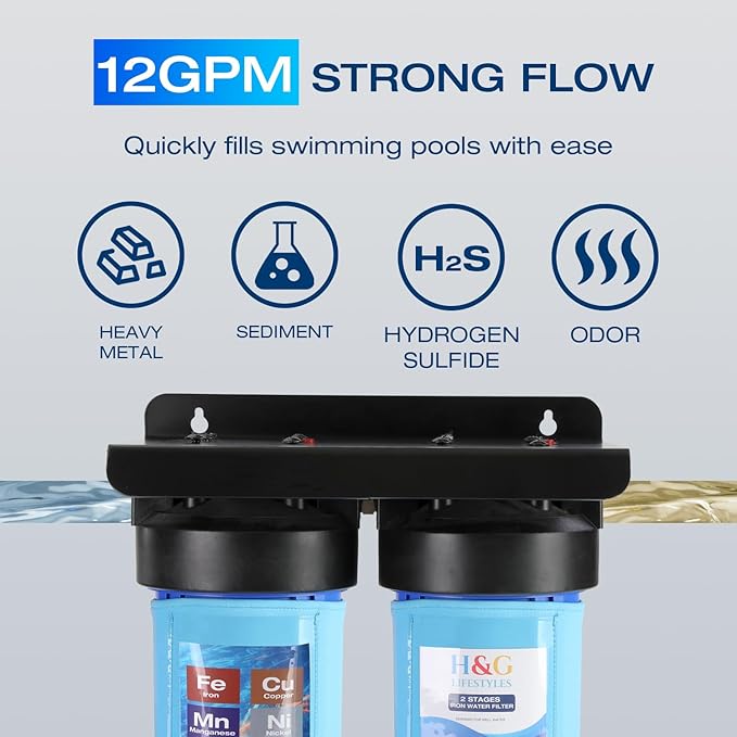 H&G lifestyles Pool Filling Hose Water Filter, Garden Hose Iron Filter for Well Water, Reduces Calcium Magnesium, Hot Tub & Pool Water Filter System, 3/4" GHT Brass Fittings, 70,000 Gallons
