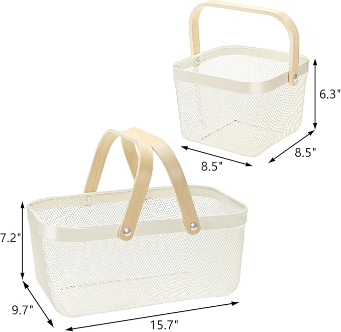 ZEAYEA 2 Pack Harvest Basket with Handle, Garden Baskets for Gathering Vegetables, Multi-functional Metal Mesh Fruit Basket, White Mesh Storage Basket for Picnic Kitchen Garden Cabinet Pantry Bathroom