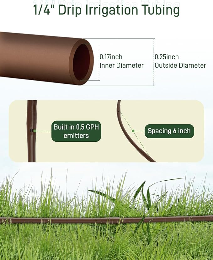 1/4" Drip Irrigation Tubing with 6" Emitter Spacing, (100 Ft Roll) Hydroponics Dripline with Built-in 0.5 GPH Dripper, Drip Line for Landscape Irrigation, Tree Watering and Greenhouses (Brown)
