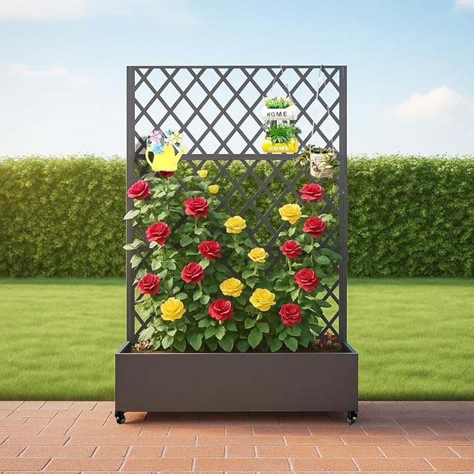 Metal Raised Garden Bed, 72" H x 47" W Privacy Planter Box with Trellis and Wheels, Hook, Freestanding Privacy Planter Box for Climbing Plants, Vegetables & Vines, Drainage Holes