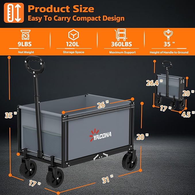 YACONA 3 in 1 Wagons Carts Foldable, 360LBS Lightweight Wagon with All Terrain Wheels, Collapsible Wagon Cart for Grocery, Camping, Beach, Garden & Sports