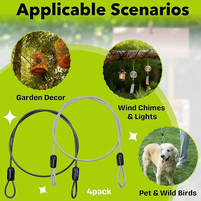4PCS 39.3" & 73.6" Bird Feeder Hanger for Tree with Carabiner Clip, Stainless Steel Rope with Carabiner Clip, Flexible Steel Cable with Carabiner Hook for Outdoor Decor, Garden & Patio, Black & Silver