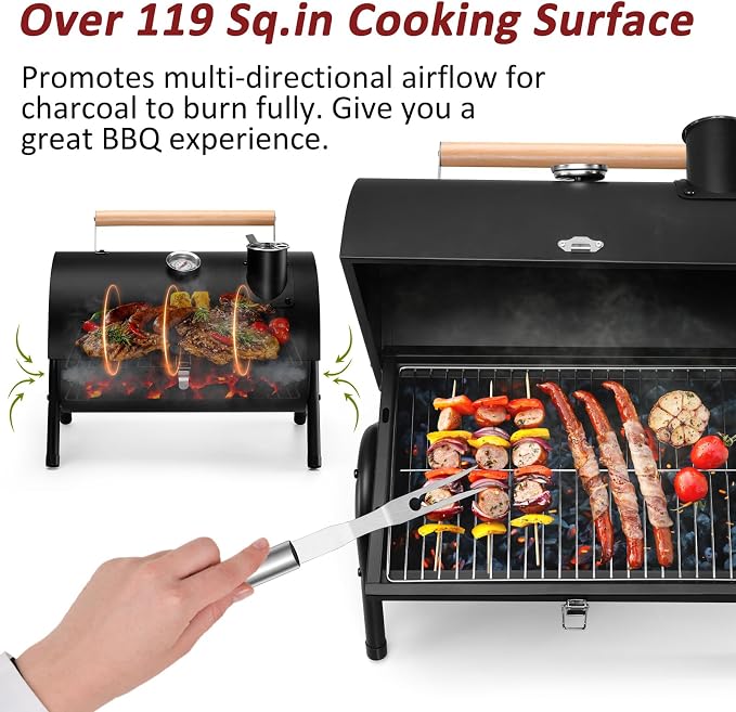 Portable Grill Charcoal for Outdoor, Leonyo Small BBQ Charcoal Grill for Tabletop, Thermometers & Chimney, 119 Sq.in Cooking Surface for Barbecue, RV Travel, Camping, Beach