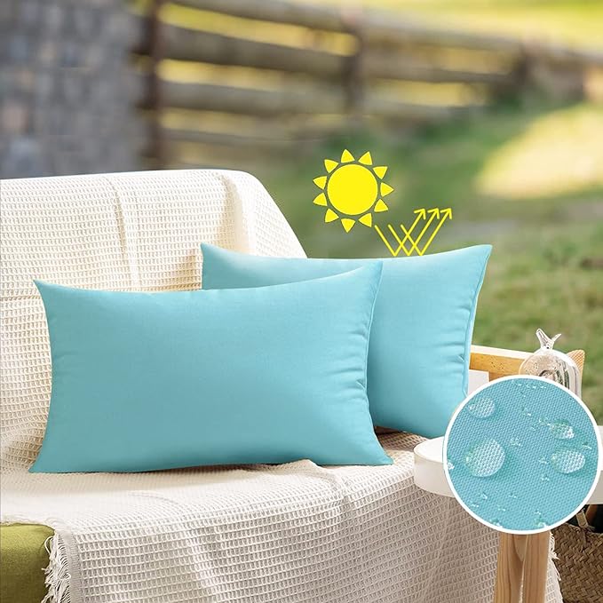VAKADO Aqua 12x20 Outdoor Waterproof Throw Pillow Covers Set of 2 Decorative Turquoise Outside Patio Furniture Cushion Cases Decor for Garden Bench Porch Couch Tent
