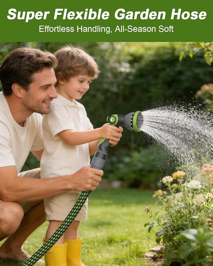 Garden Hose 100ft, Flexible Ultra Lightweight Durable, Kink-Free Water Hose with 10 Function Sprayer - Non-Shrinking, Easy to Store, All-Weather, High-Pressure