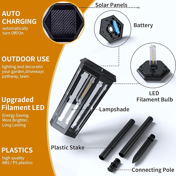 KINKAI Solar Pathway Lights Outdoor - 6 Pack Taller Garden Lights Bright LED Driveway Light Solar Powered Edison Bulb Landscape Lighting for Outside Walkway Patio Sidewalk Yard (Warm Light)
