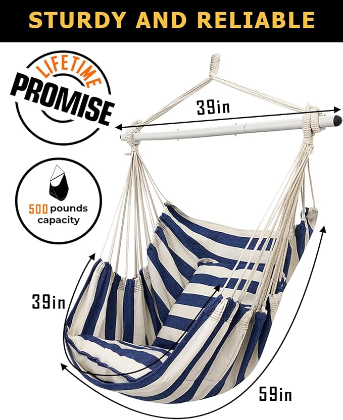 ADVOKAIR Hammock Chair Hanging Chair Swing Large Indoor with Anti-Slip Steel Spread Bar and Pocket-Max 500lbs-2 Cushions, Perfect for Bedroom,Outdoor,Patio, Porch,Backyard
