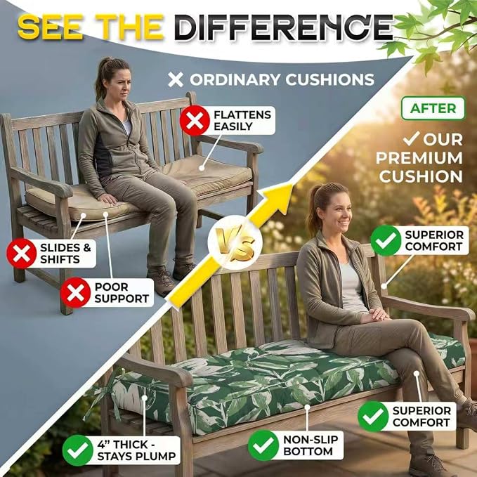 Outdoor Bench Cushion, Tufted Patio Seat Pad for Garden Bench, Porch Swing, Indoor/Outoor Furniture (Green Tulip, 48X18X4 inch)
