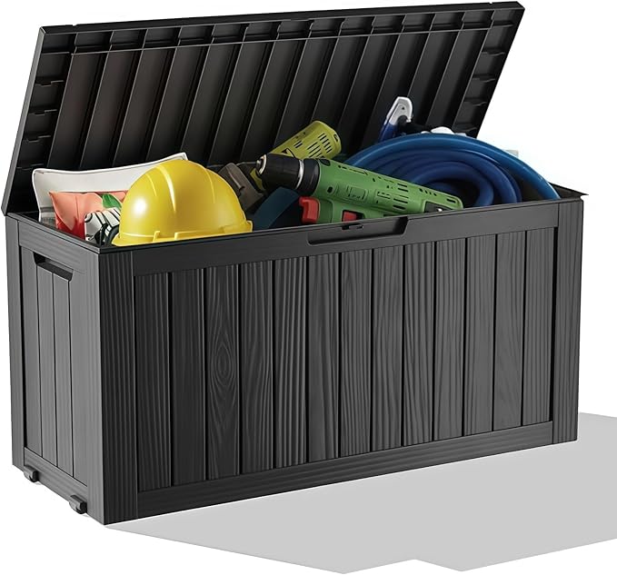 75 Gallon Outdoor Storage Box, Waterproof Resin Deck Box for Patio Cushions & Gardening Tools, Lockable Indoor/Outdoor Storage Bin, Sleek Black Design