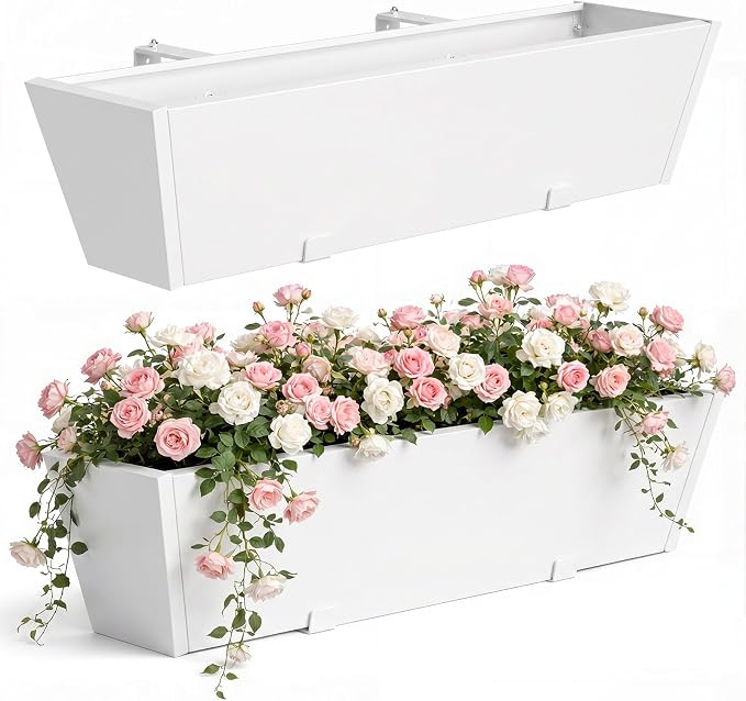2PC White Railing Planter for Outdoor Plants 36 Inch Metal Hanging Planters Pots with Adjustable Brackets and Drainage Railing Planter Boxes Hanging Flower Pots for Balcony Deck Railings Patio Dec