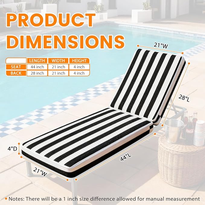 Sundale Outdoor Olefin Chaise Lounge Cushion Set of 2, Water-Resistant Patio Lounge Chair Cushion, Thick Lounger Pad with 4 Straps Cabana Stripe Black, 72 x 21 x 4 Inches