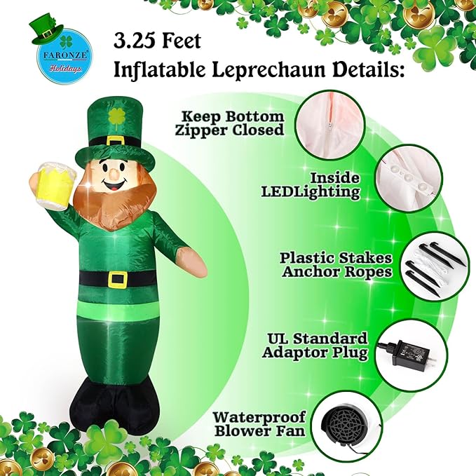 3.25FT St. Patrick's Day Inflatable Leprechaun, Blow up Leprechaun Holds Beer Cup Outdoor Decoration with LED Lights, Perfect for Yard Garden Lawn Front Door Holiday Decor (3.25FT Leprechaun)