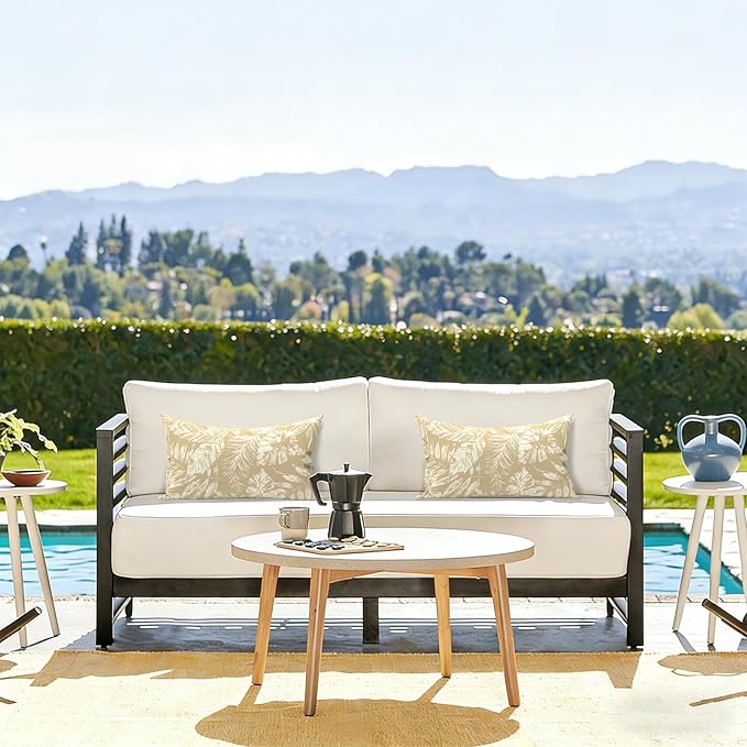 LVTXIII Set of 2 Patio Lumbar Pillows, 12" x 20" Fade Resistant Outdoor Lumbar Pillow with Inners, Fluffy Decorative Garden Lumbar Cushions for Home Patio Coach Sofa Use, Tropical Leaf Oat