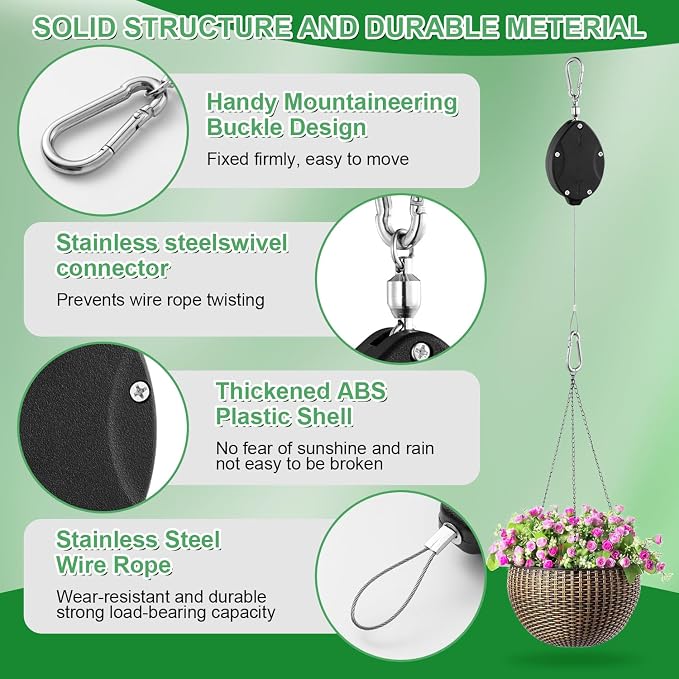 4 Pack Heavy Duty Retractable Plant Hangers, Adjustable Pull-Down Pulleys with 63" Stainless Steel Rope, Double Hooks for Hanging Plants, Bird Feeders, Planters & Pots, Indoor & Outdoor Use