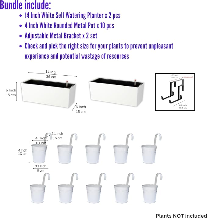 LaLaGreen Bundle- 10 Pack, 4 Inch White Metal Pot + 2 Pack, 14 Inch Rectangular Self Watering Pot with Bracket Hanging Outdoor Deck Railings Fence Window Flower Boxes Balcony Patio Modern Garden Decor