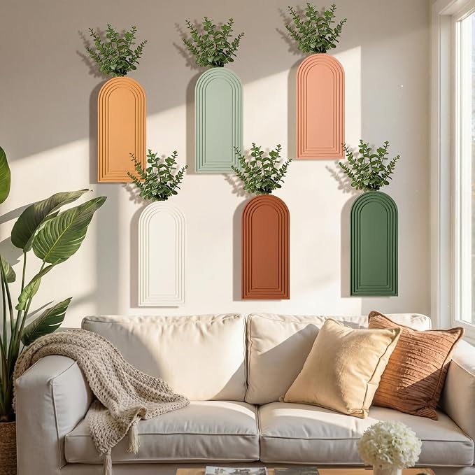 6 Pack Boho Wooden Wall Vase Hanging Wall Planters Decor Modern Farmhouse Plant Holders for Indoor Living Room Bedroom Bathroom Kitchen Home Office Decoration(Classic Colors)