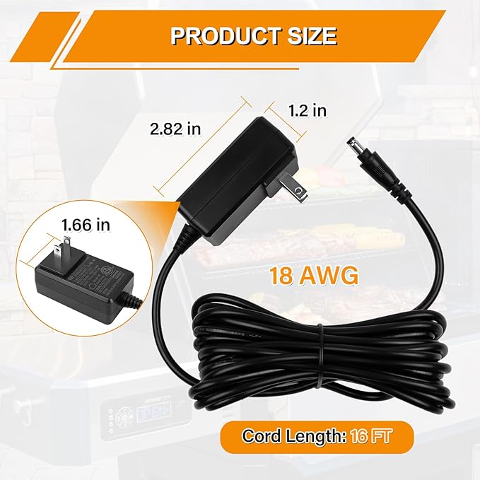 Upgrade Power Adapter Replacement for Masterbuilt Gravity Series 560/600/800/900/1050/1150 Digital Charcoal Grill + Smokers, 9004190216 Power Supply Replacement Parts with 16 FT Long 18 AWG Cord