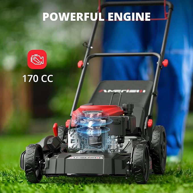 AMERISUN 21" Gas Lawn Mower, Self-propelled Lawn Mower 3-in-1, 170cc OHV Engine with Forced Air Cooling, 6 Cutting Heights, 1.4-Bushel Grass Catcher
