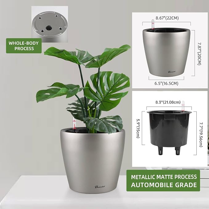 Dexceder 9x8 Self Watering Planter (Smoky Gray Matte) | Inner Pot Design, Thickened Metallic Table Flower Plant Pot with Water Level Indicator Indoor Outdoor