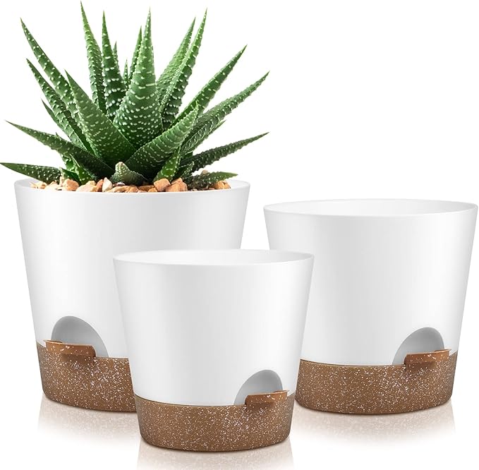 YNNICO Indoor Outdoor Plant Pots- Self Watering Planters with Drainage Holes and Saucers, 9,8, 7.5 Inches, 3 Pots (Snow)