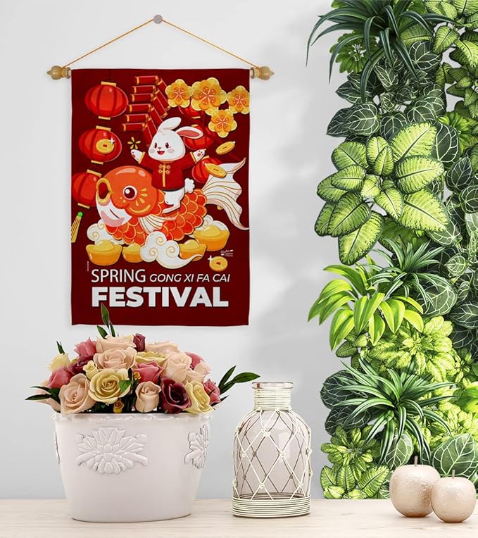 Chinese New Year Rabbit Wall Tapestry Home Decor Banner Patio Porch Lawn Garden Flag Pole Room Decorations Indoor Small Outdoor Yard Sign Lunar New Year Gifts Spring Festival Decorations Made In USA