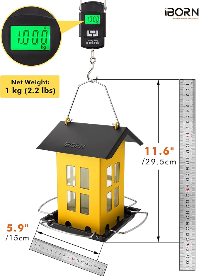 iBorn Bird Feeder House, Metal Bird Feeders for Outdoors Hanging,Double-Sided Metal Hanger & Weatherproof, Easy to Clean & Refill, 1.5 Lbs Capacity, Yellow