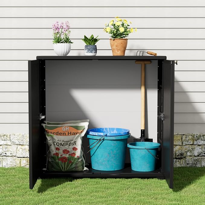 KINYING Outdoor Storage Cabinet Waterproof, 60 Gallon Resin Outdoor Storage Shed for Patio/Garden/Backyard, Outdoor Storage Box for Cushions,Garden Tools and Pool Supplies(Black W/O Shelving)