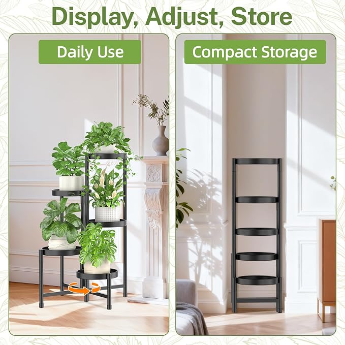 iDavosic.ly Plant Stand Indoor Outdoor, 5 Tier Corner Metal Flower Display Holder Shelf, Folding Tall Orchid Rack for Patio Balcony Porch Garden Living Room House, Black