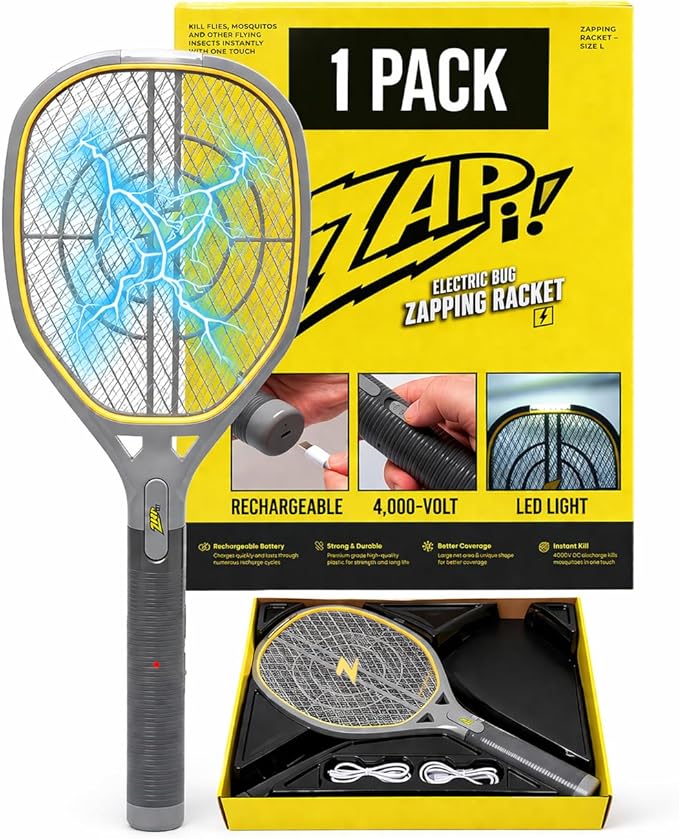 ZAP IT! Rechargeable Electric Fly Swatter Racket - 4,000-Volt Mosquito Zapper with USB Charging and LED Light - Large - Safe 3-Layer Mesh Bug Zapper Racquet for Indoors and Outdoors - Yellow