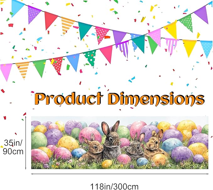 10x3 ft Extra Large Happy Easter Banner Outdoor 115''x35'' Cut Rabbit Banner for Fence Outside Garden Large Bunny Banners Yard