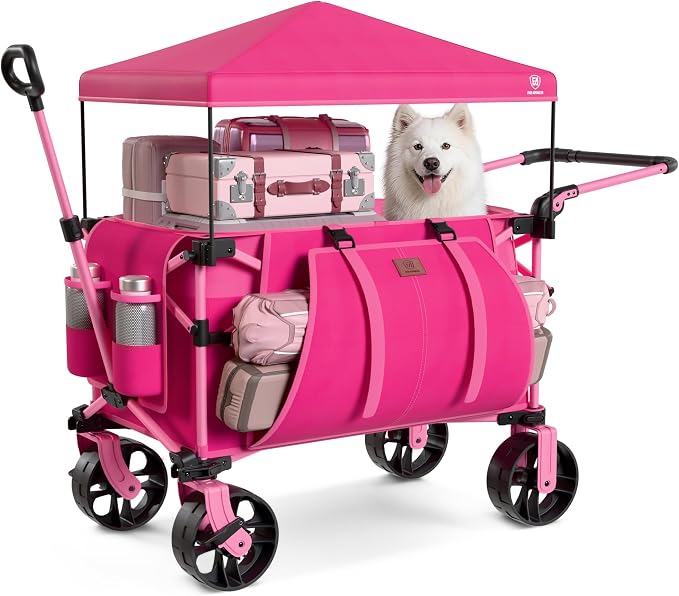 EVER ADVANCED Folding Push Wagon with Canopy, Portable Shopping Cart with Brakes, Collapsible Wagon Cart with All-Terrain Big Wheels for Camping, Beach, Sports
