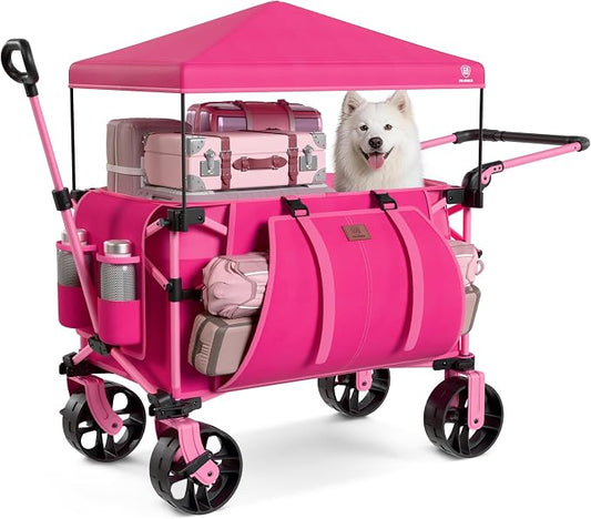 EVER ADVANCED Folding Push Wagon with Canopy, Portable Shopping Cart with Brakes, Collapsible Wagon Cart with All-Terrain Big Wheels for Camping, Beach, Sports