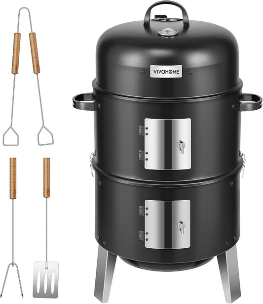 VIVOHOME 3-in-1 Vertical Charcoal Smoker, BBQ Smoker Grill with Built-in Thermometer, Air Vent, and 2 Access Doors, Idea for Parties, Backyard, Barbecues