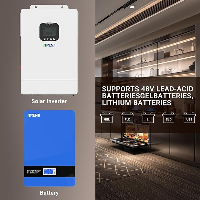 3600W Hybrid Solar Inverter 48V DC to 110V AC, Pure Sine Wave, Built-in 80A MPPT Controller, 98% Efficiency, Support Parallel 6 Units, Solar & Generator Input, for Home On/Off-Grid Systems